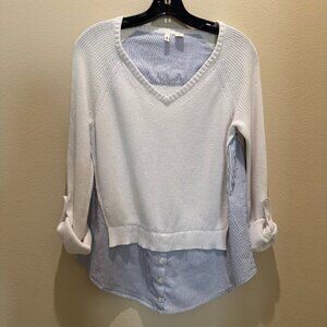 Anthropologie Moth White V-neck Layered Sweater with Blue Pinstripe Size S